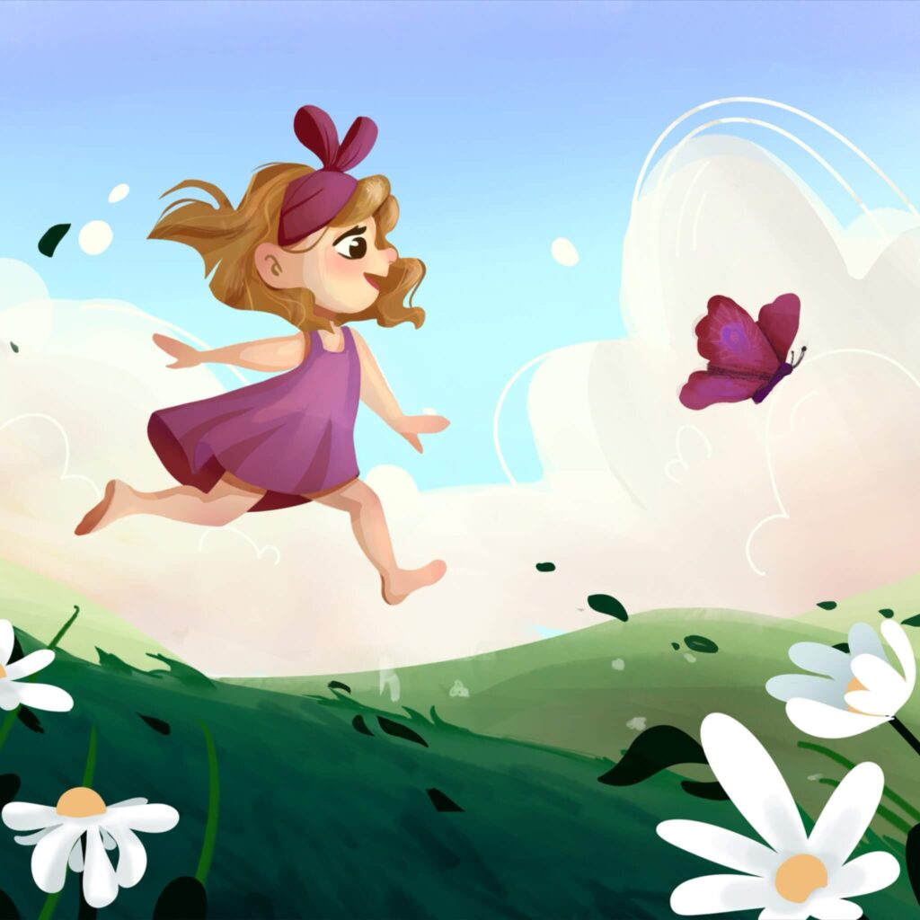 Ilustracja do książki dla dzieci przedstawiająca dziewczynkę biegnącą po kwiecistej łące